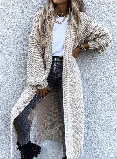 Eveloria Damen Cardigan Lang Rippverarbeitung Offenes Design Beige