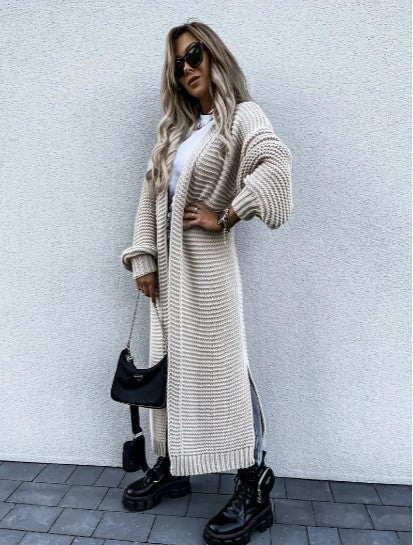 Eveloria Damen Cardigan Lang Rippverarbeitung Offenes Design Beige - Eveloria