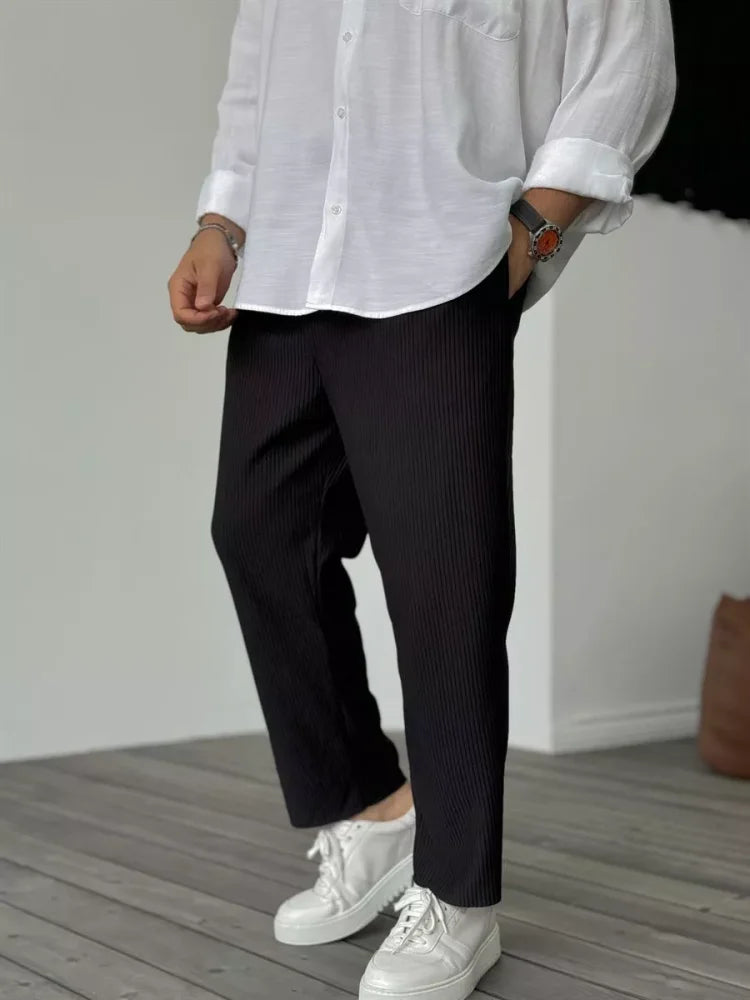 Loose Fit Hose - Gerippt - Elastische Taille - Gerade Hosenbeine - Herrenhosen-Schwarz-S-Chaps Herrenmode