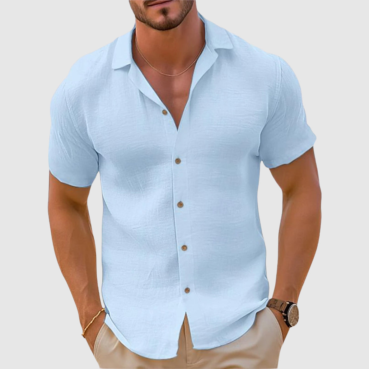 Herren Kurzarm Hemd Knöpfe Beige