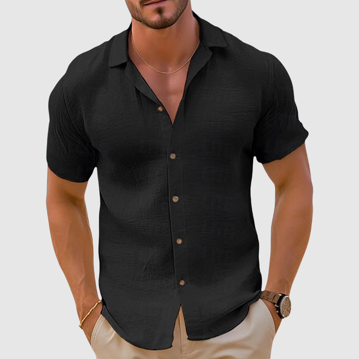 Herren Kurzarm Hemd Knöpfe Beige