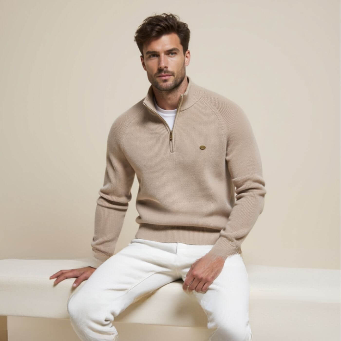 Herren Strickpullover Halbzip Baumwolle Beige