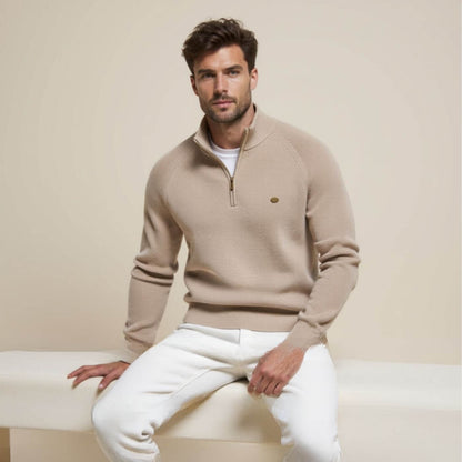 Herren Strickpullover Halbzip Baumwolle Beige