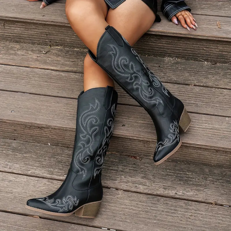 Damen Cowboy Stiefel Bequem Leder Braun