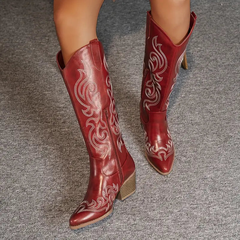 Damen Cowboy Stiefel Bequem Leder Braun