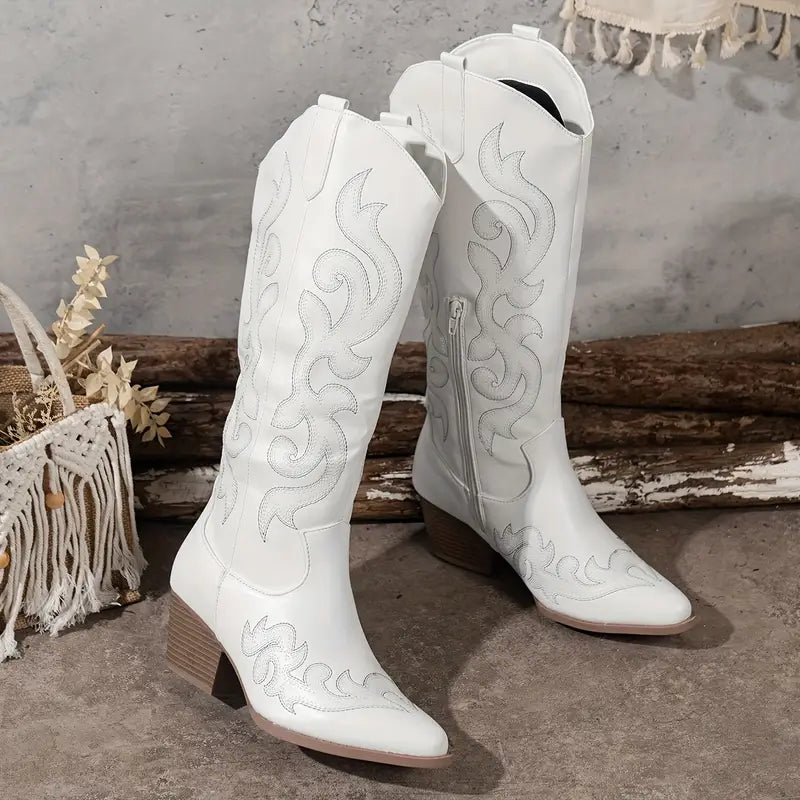 Damen Cowboy Stiefel Bequem Leder Braun