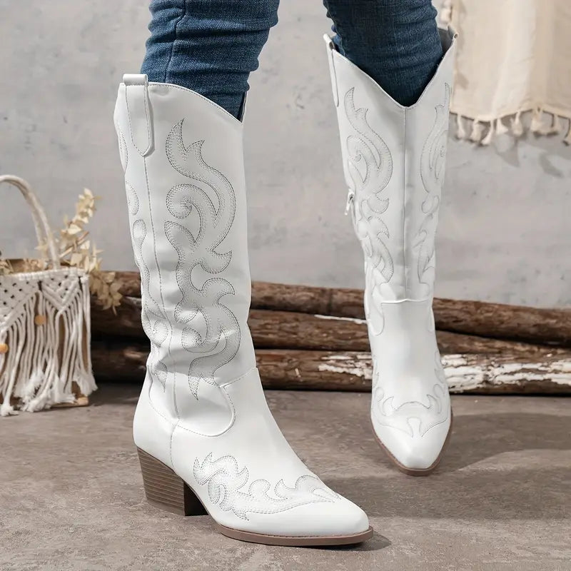 Damen Cowboy Stiefel Bequem Leder Braun