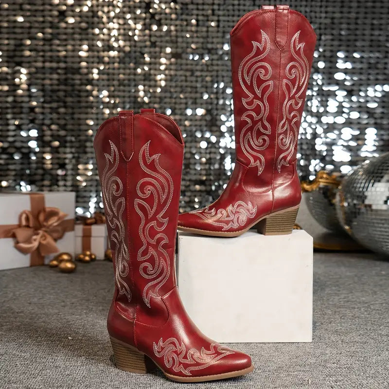 Damen Cowboy Stiefel Bequem Leder Braun