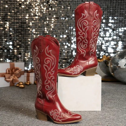 Damen Cowboy Stiefel Bequem Leder Braun