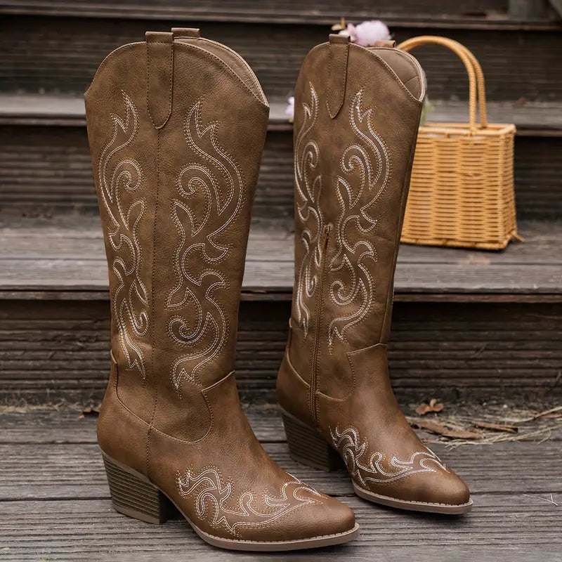 Damen Cowboy Stiefel Bequem Leder Braun