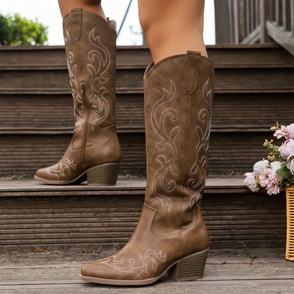 Damen Cowboy Stiefel Bequem Leder Braun