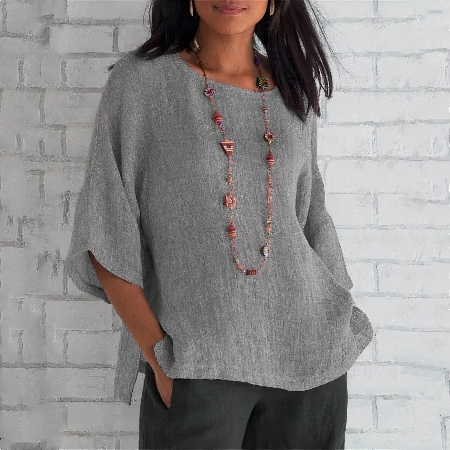 Damen Leinen-Bluse Rundhals Weit Sommerlich Beige