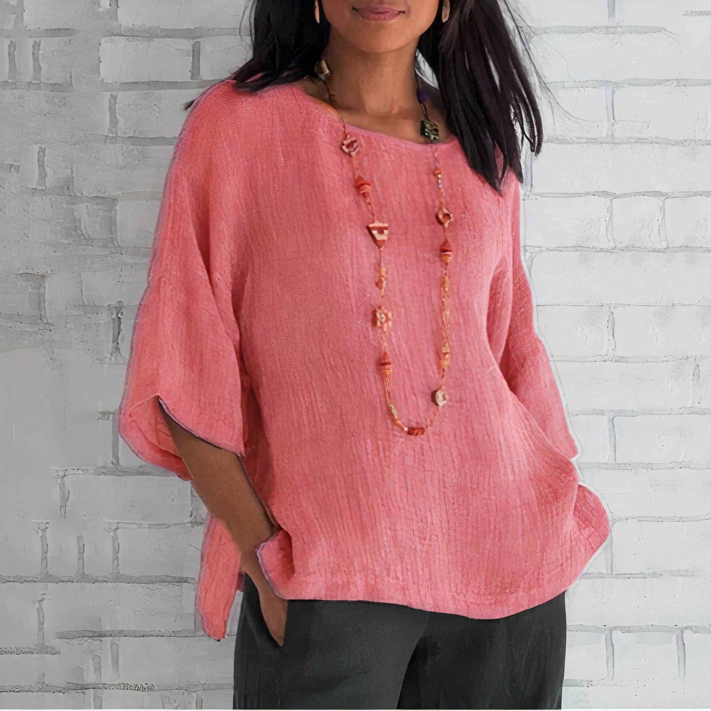 Damen Leinen-Bluse Rundhals Weit Sommerlich Beige - Eveloria