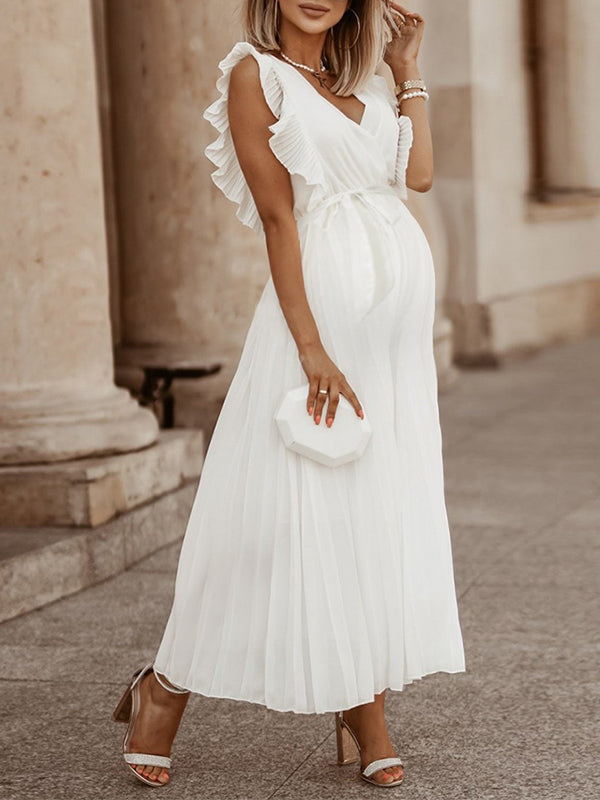 Elegante Schwangerschaftsmaxikleider mit Rüschen und Gürtel