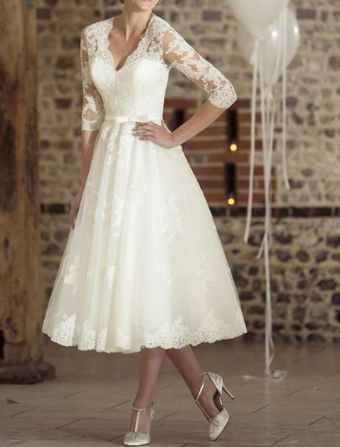 Damen Vintage Hochzeitskleid Spitze Midi-Länge - Eveloria