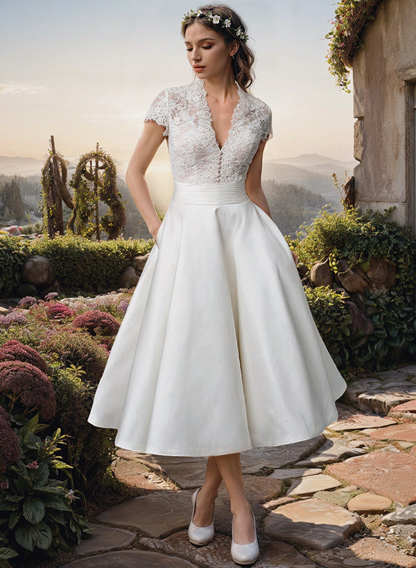 Damen Spitzen V-Ausschnitt Midi Kleid Weiße Hochzeitskleid - Eveloria
