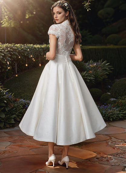 Damen Spitzen V-Ausschnitt Midi Kleid Weiße Hochzeitskleid