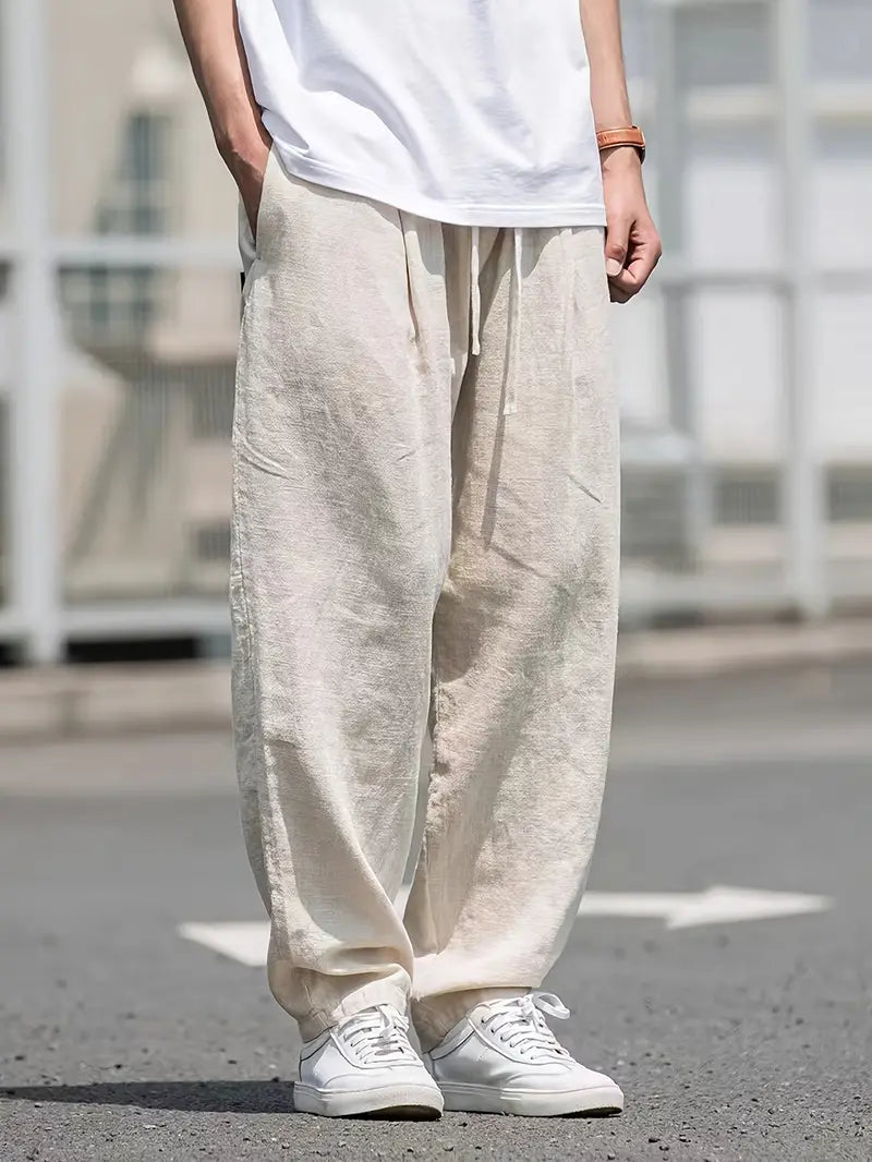 Leinenhose Damen Locker Geschnitten Beige Kordelzug - Eveloria