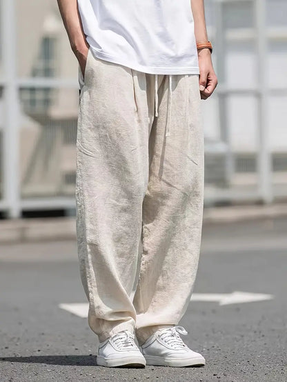 Leinenhose Damen Locker Geschnitten Beige Kordelzug - Eveloria