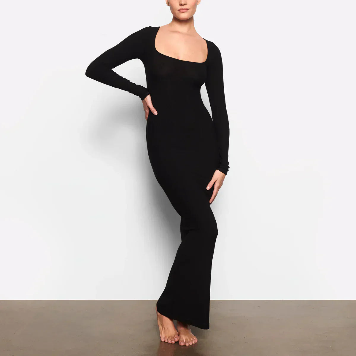Schwarzes Damen Maxikleid Langarm Bodycon Stretch - Norvielle