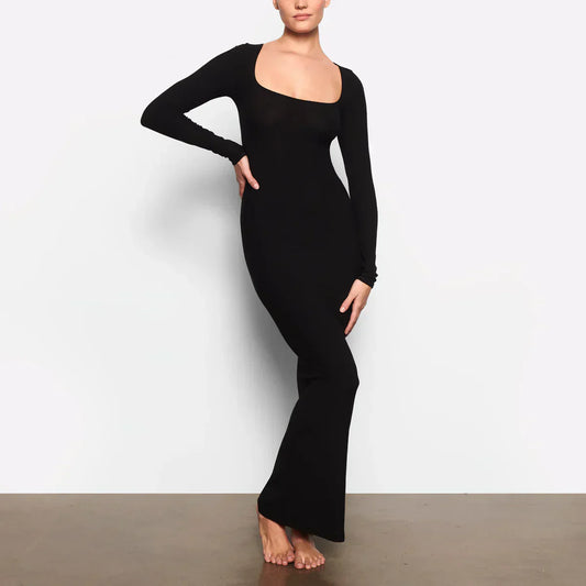 Schwarzes Damen Maxikleid Langarm Bodycon Stretch - Norvielle