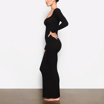 es Damen Maxikleid Langarm Bodycon Stretch