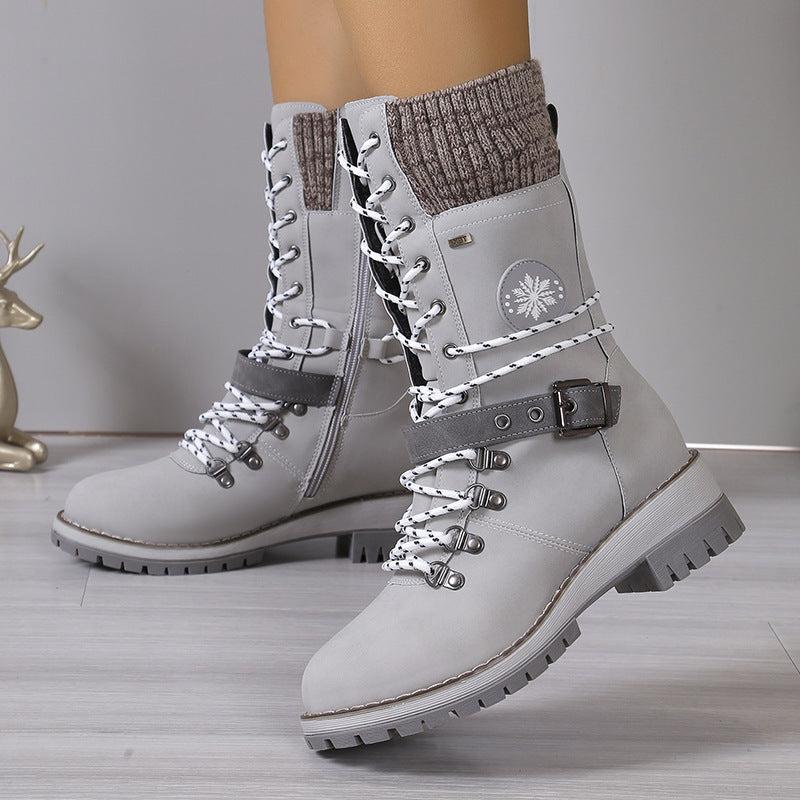 Damen Winterstiefel Leder Schnürverschluss Rutschfeste Sohle