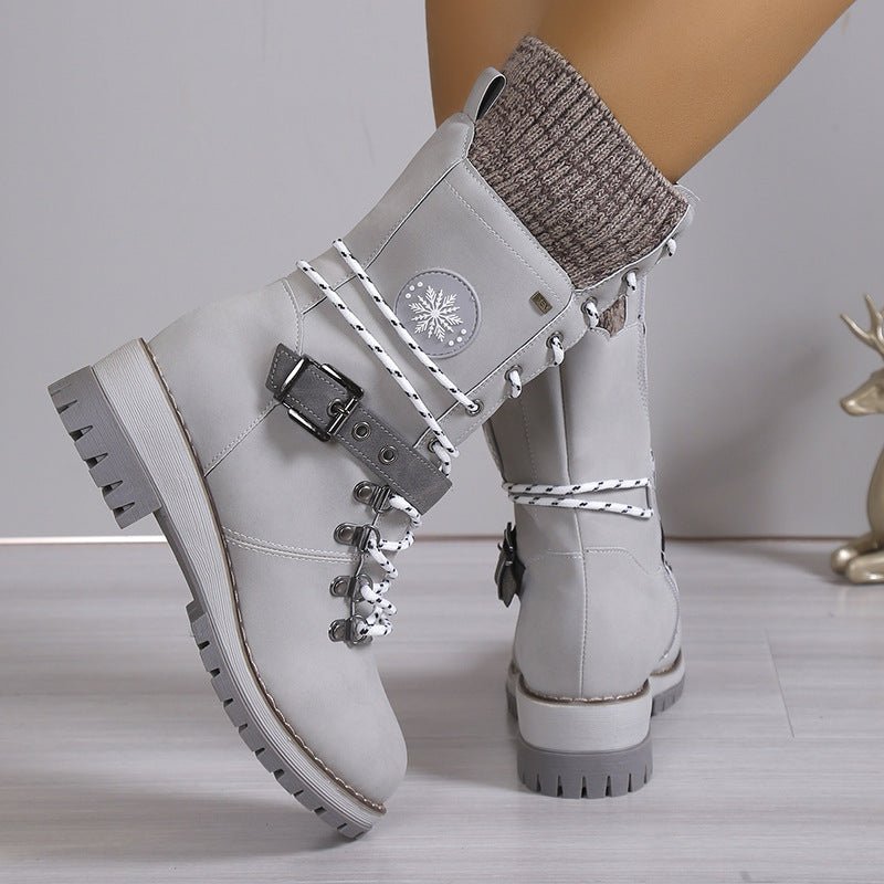 Damen Winterstiefel Leder Schnürverschluss Rutschfeste Sohle