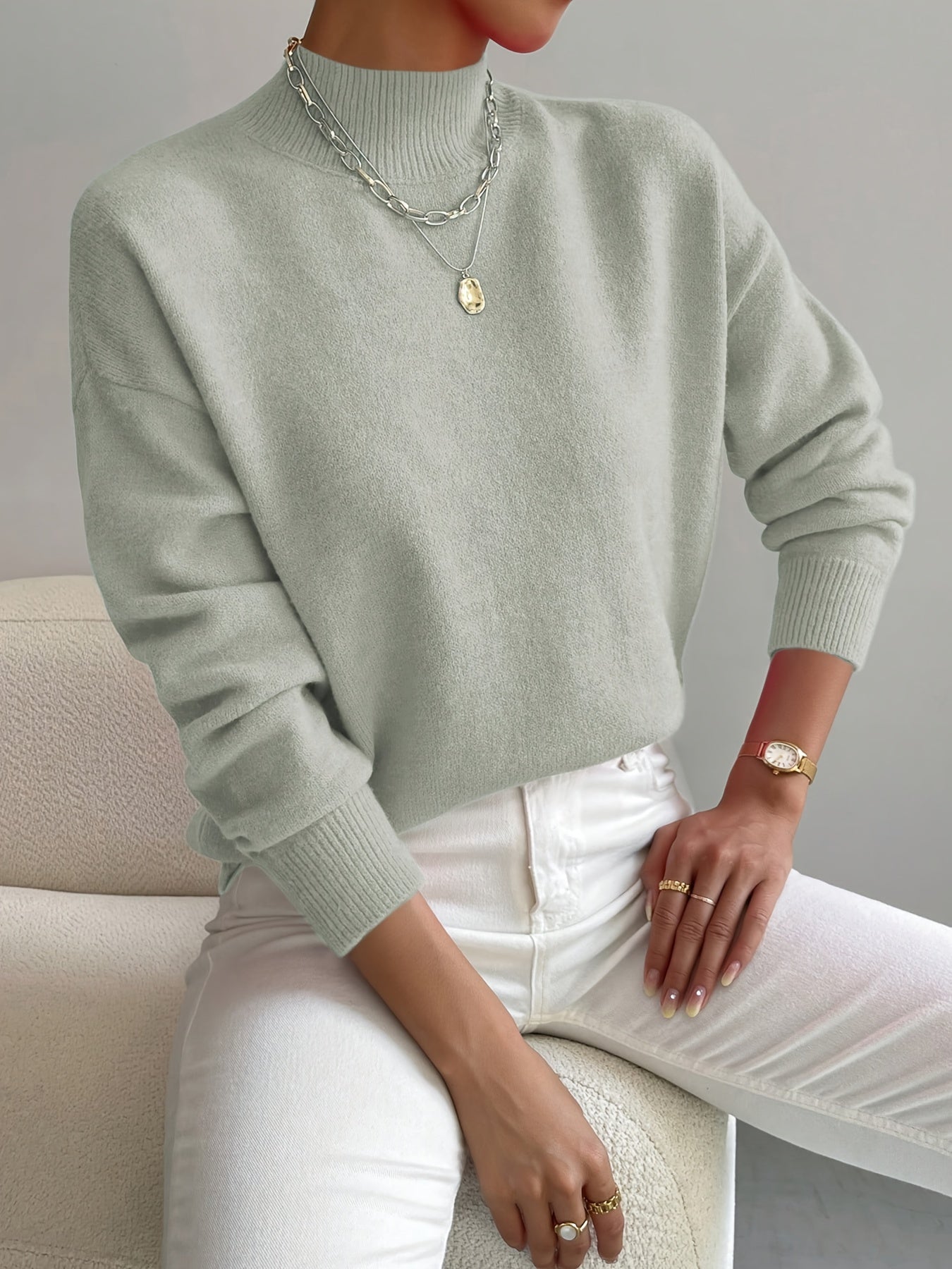 Damen Strickpullover Rollkragen Wollig Elegante