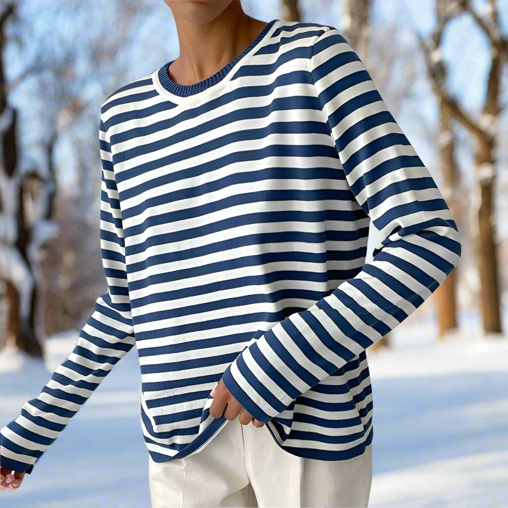 Damen Langarmshirt Gestreift Lässig Weiß/Schwarz - Eveloria