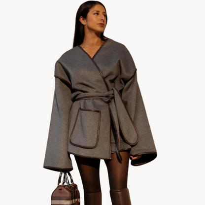 Damen Oversized Mantel mit Taillengürtel und Reverskragen Beige - Eveloria