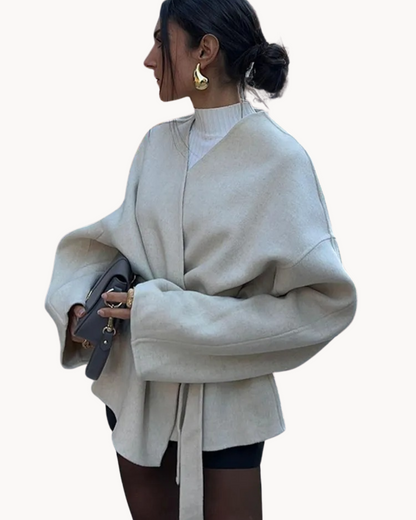 Damen Oversized Mantel mit Taillengürtel und Reverskragen Beige