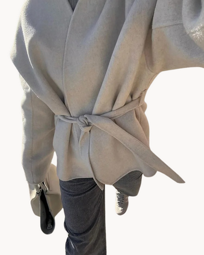 Damen Oversized Mantel mit Taillengürtel und Reverskragen Beige