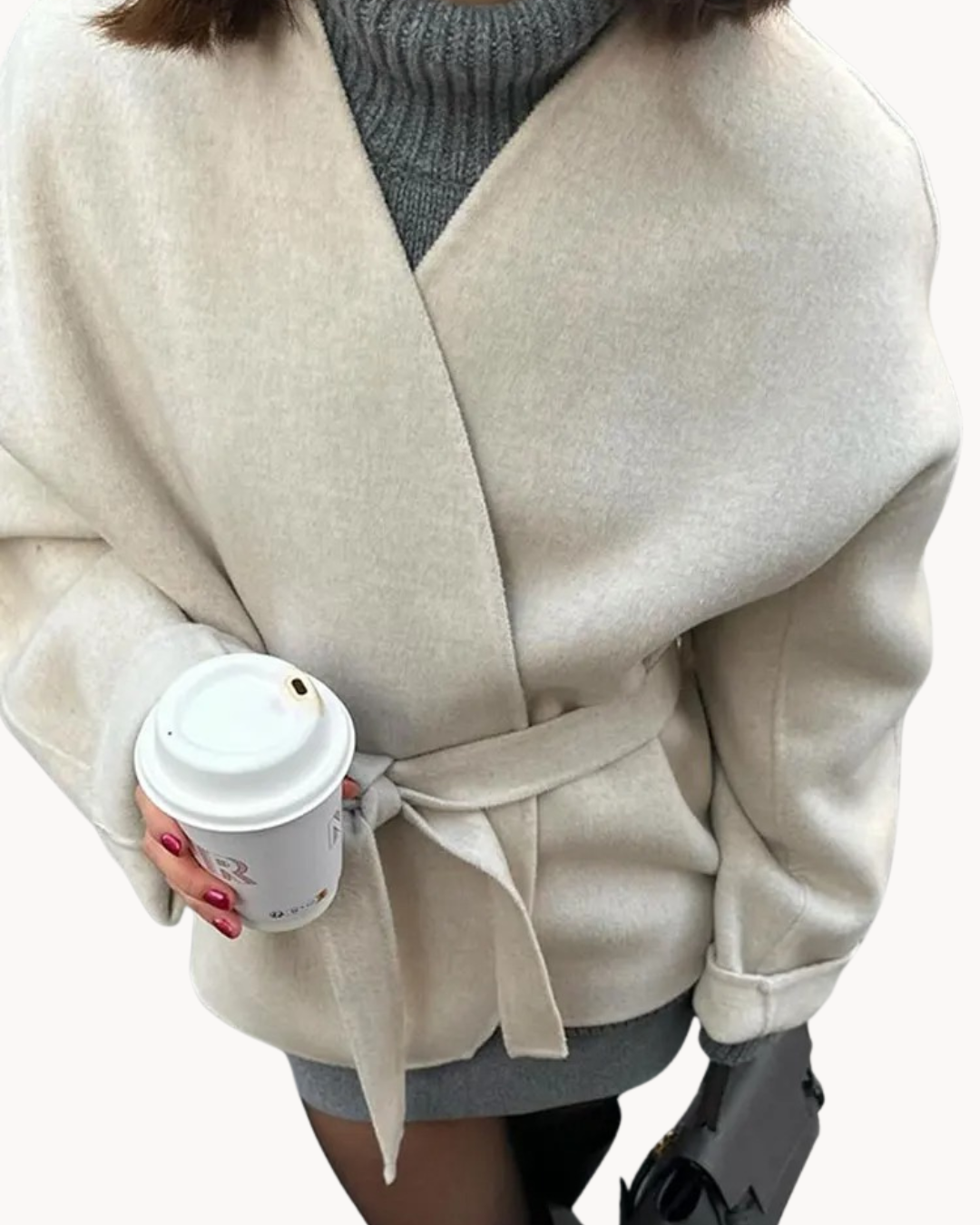 Damen Oversized Mantel mit Taillengürtel und Reverskragen Beige