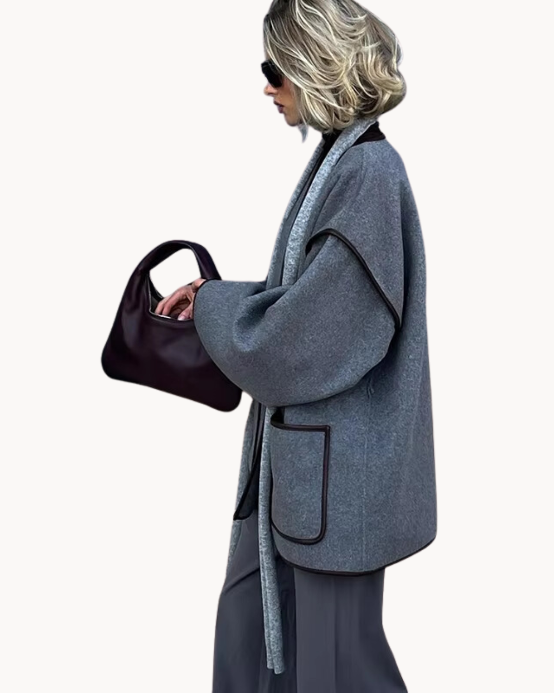 Damen Oversized Mantel mit Taillengürtel und Reverskragen Beige