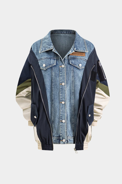 Patchwork-Jacke Damen Denim Nylon Lässig Individuell