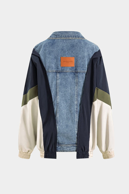Patchwork-Jacke Damen Denim Nylon Lässig Individuell
