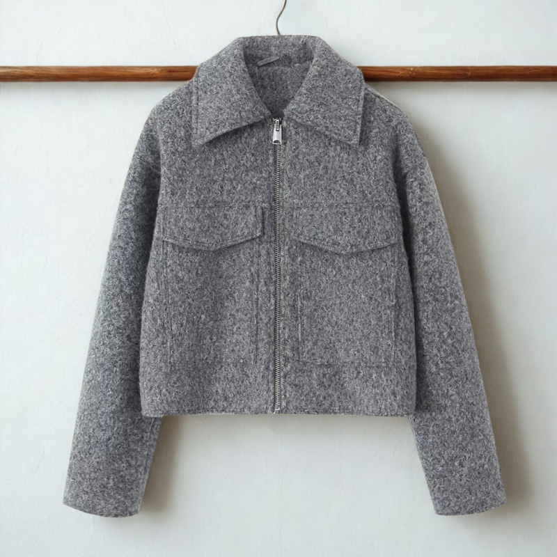 Damen Kurzjacke Boxy Fit Reißverschluss Spitzer Kragen