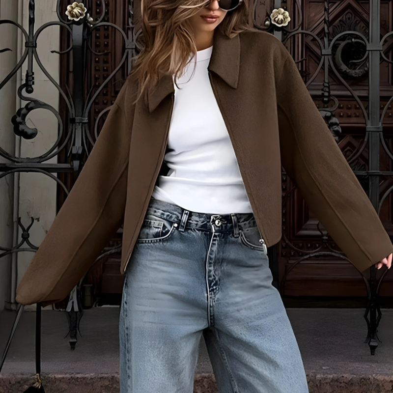 Damen Kurzjacke Boxy Fit Reißverschluss Spitzer Kragen