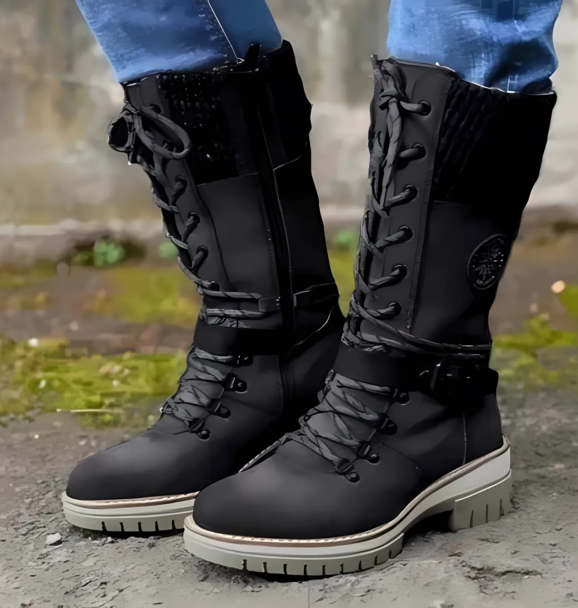 Damen Stiefel Knöchelhöhe Schnürung Chunky Sohle Schwarz - Eveloria