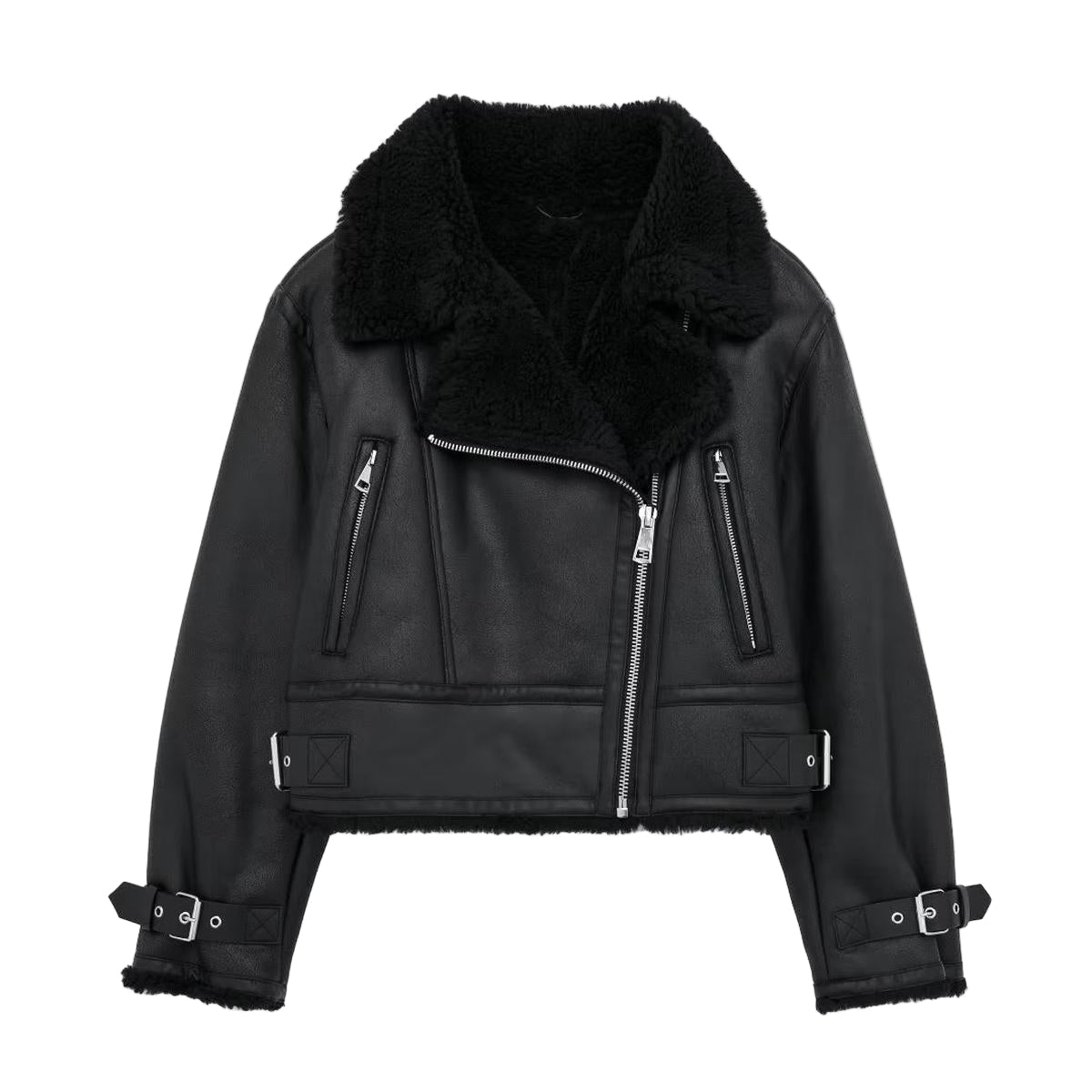 Damen Winterjacke Kurz Kunstfellkragen Schwarz Wattiert - Eveloria