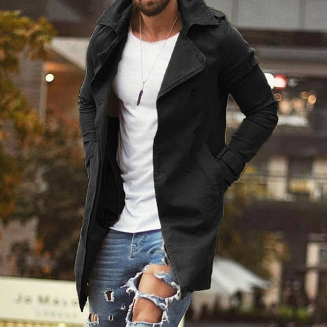 Herren Langmantel Reverskragen Seitentaschen Elegantes Grau