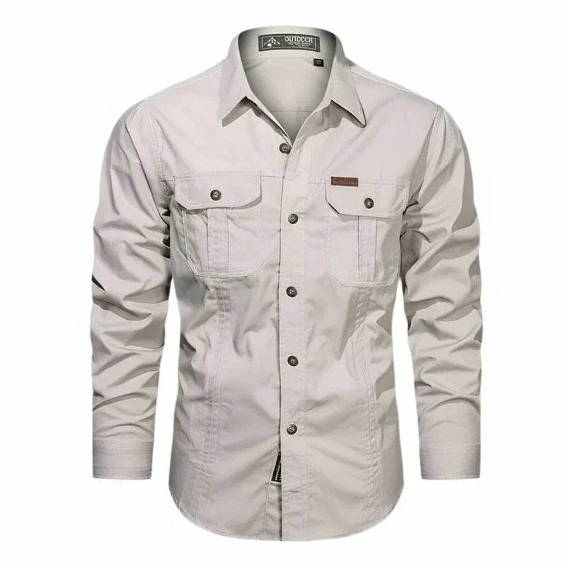 Herren Utility Shirt Doppel Tasche Knopfleisten Baumwolle Beige - Eveloria