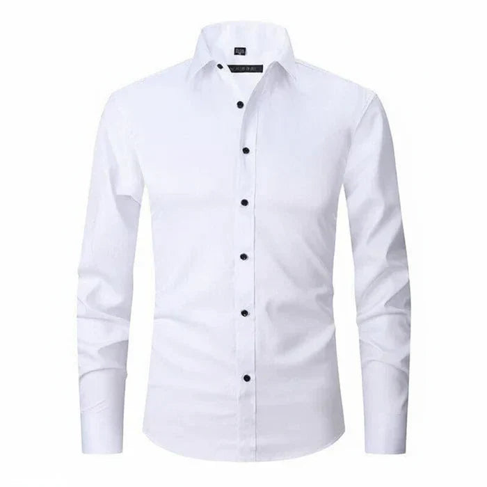 Herren Langarmshirt Minimal Knopfleisten Weiss - Eveloria