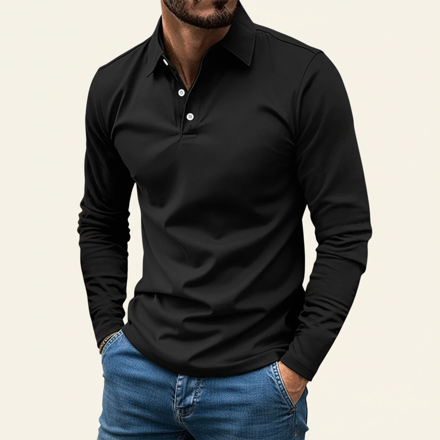 Elias Herren Polo-Shirt Langarm Minimaler Knopf