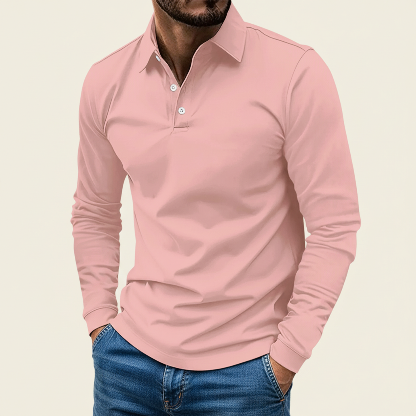 Elias Herren Polo-Shirt Langarm Minimaler Knopf