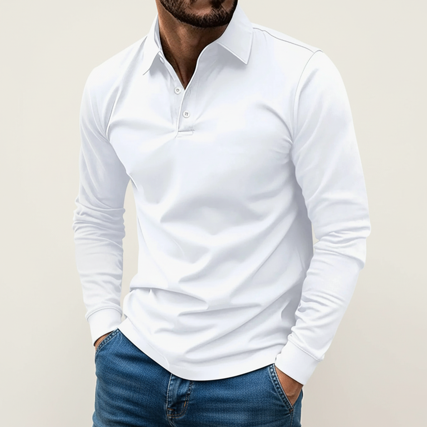 Elias Herren Polo-Shirt Langarm Minimaler Knopf - Eveloria