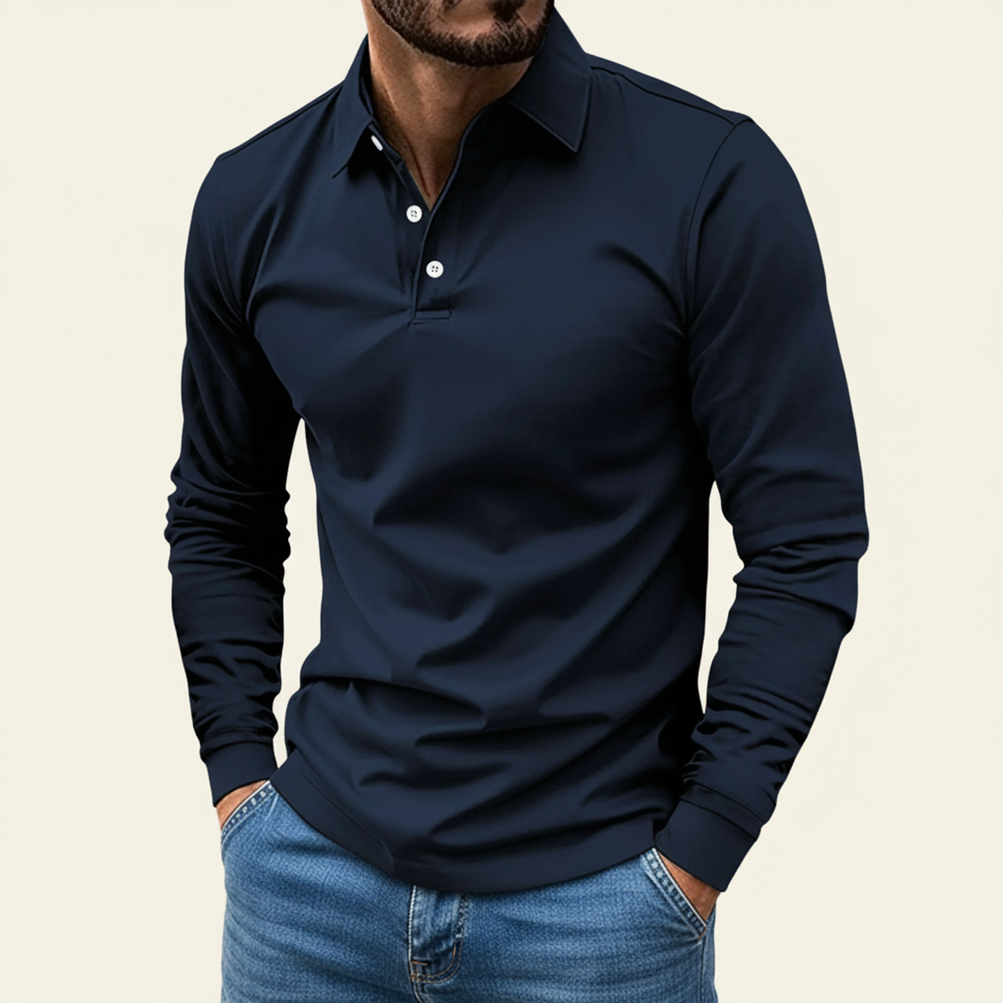 Elias Herren Polo-Shirt Langarm Minimaler Knopf