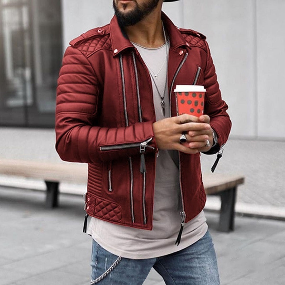Herren Lederjacke Biker Stil Gepolstert Reißverschluss
