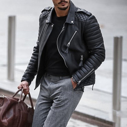 Herren Lederjacke Biker Stil Gepolstert Reißverschluss